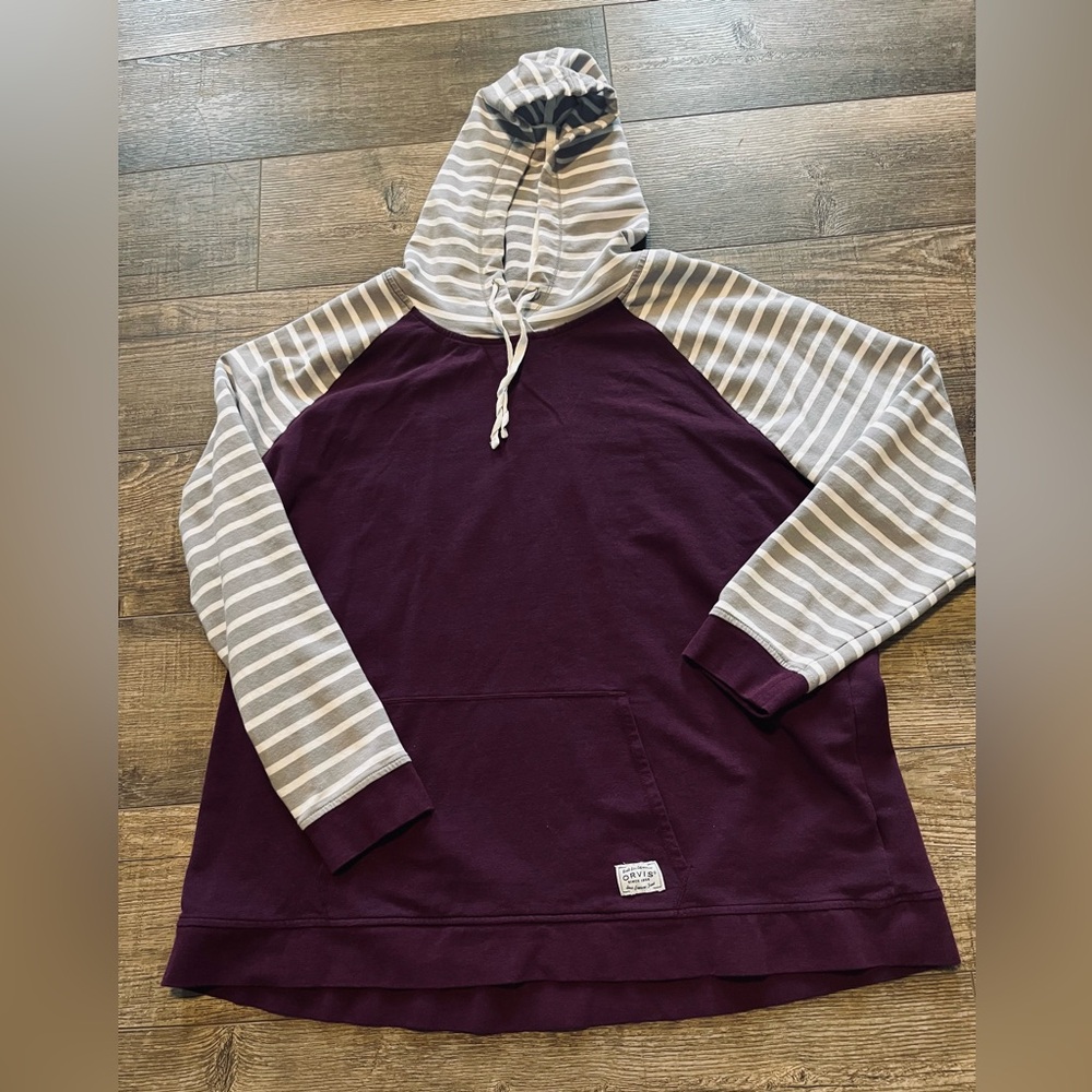 Orvis Plum Purple Hooded Pullover with Gray-White Stripes